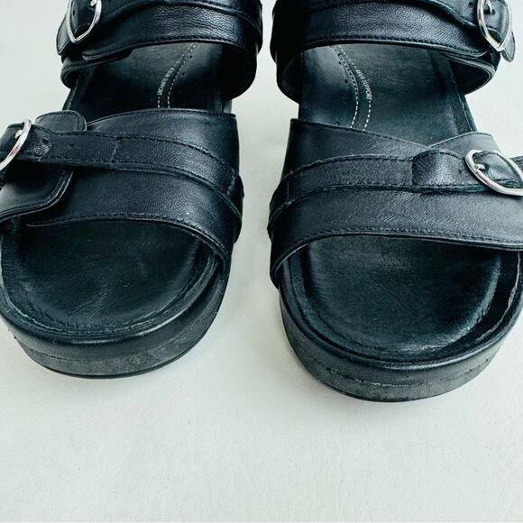 Rocky 4EurSole Sandals Black Leather Splendor Wedge Two Strap Slide Size 11.5 - Picture 3 of 13